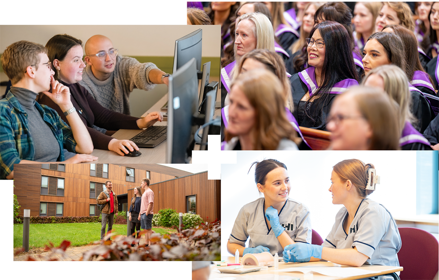 Three people looking at a computer | Graduates in gowns | Three people standing talking | Two nurses doing clinical skills training Three people looking at a computer | Graduates in gowns | Three people standing talking | Two nurses doing clinical skills training