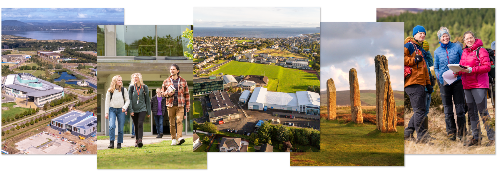 Aerial view of UHI Inverness campus | Students walking away from a building | Aerial view of UHI NWH Thurso campus | Standing stones in Orkney | Group of people in a field talking