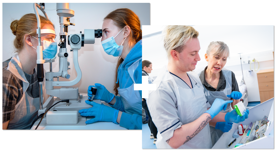 Optometrist examining a persons eye using a slit lamp | Nursing students discussing and looking at a drug dispensary Optometrist examining a persons eye using a slit lamp | Nursing students discussing and looking at a drug dispensary