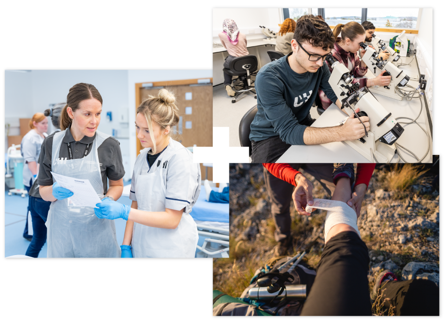 Two nurses looking at a sheet of paper | Optometrists using optometry equipment | A person bandaging another persons leg Two nurses looking at a sheet of paper | Optometrists using optometry equipment | A person bandaging another persons leg