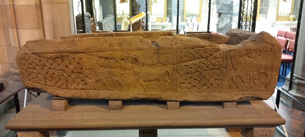 The Govan sarcophagus, viewed from the side, showing intricate carvings. The Govan sarcophagus, viewed from the side, showing intricate carvings.
