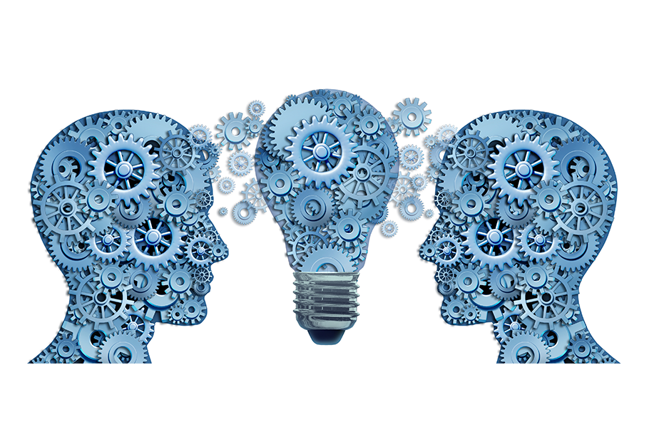 Two silhouettes of heads made of cogs and one silhouette of a light bulb made of cogs Two silhouettes of heads made of cogs and one silhouette of a light bulb made of cogs