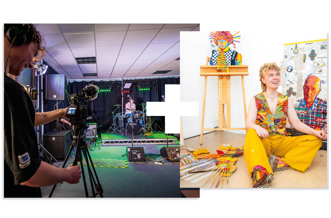 Collage of 2 | Student filming in a studio | Student sitting next to their paintings Collage of 2 | Student filming in a studio | Student sitting next to their paintings