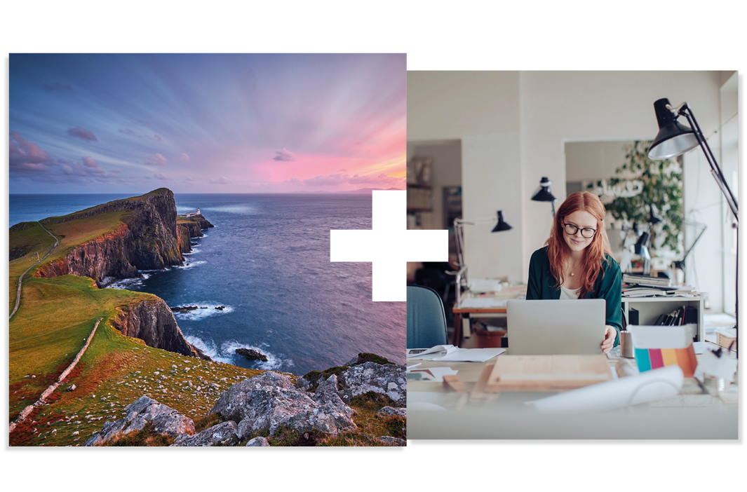 Collage of 2 | Neist point lighthouse | Student working at a computer Collage of 2 | Neist point lighthouse | Student working at a computer