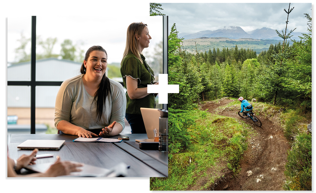 Collage of 2. A student smiling in a classroom and a student mountain biking in a forest Collage of 2. A student smiling in a classroom and a student mountain biking in a forest