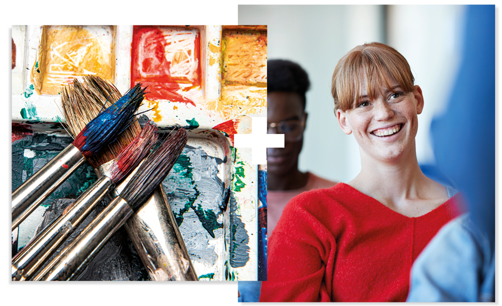 Collage of 2. Paint brushes on a palette and a student smiling in a classroom Collage of 2. Paint brushes on a palette and a student smiling in a classroom