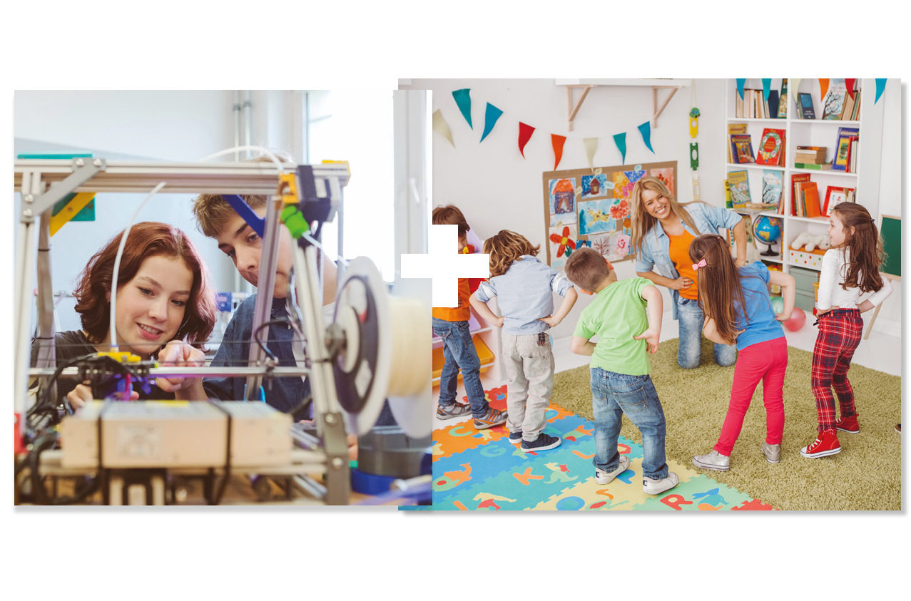 Collage of 2 | Two students working on an engineering project | A teacher in a nursery room Collage of 2 | Two students working on an engineering project | A teacher in a nursery room