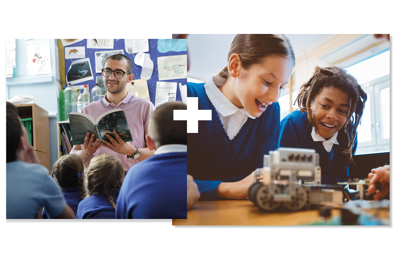 Collage of 2 | Teacher reading to a class | Two students making a robot Collage of 2 | Teacher reading to a class | Two students making a robot