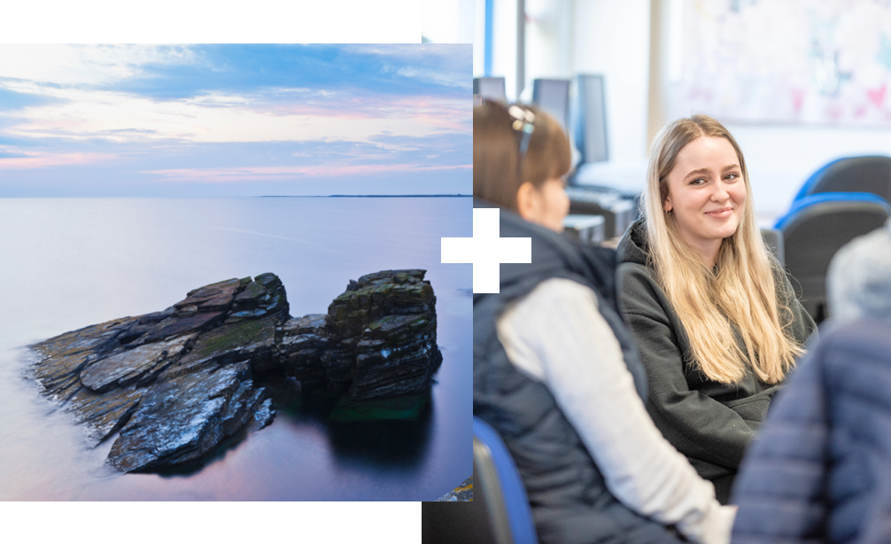 Collage of 2 | A student on a tablet device | Neist Point Lighthouse, Isle of Skye