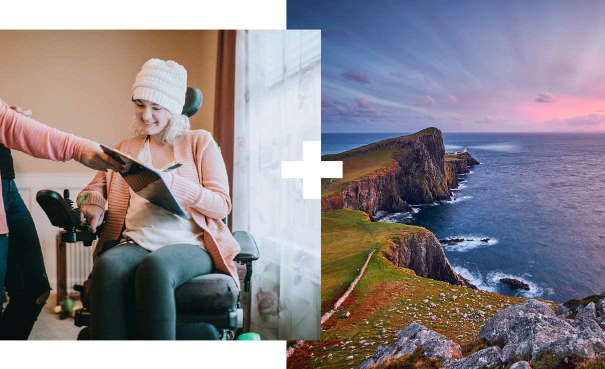 Collage of 2 | Coastline at dawn, Orkney | Student smiling in a classroom