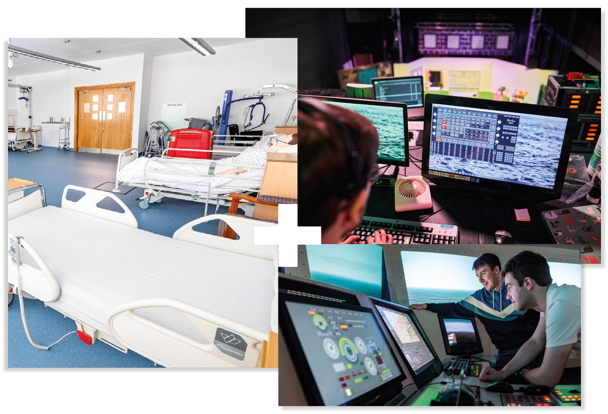 Collage of 3 | Nursing simulation ward | Computer in front of a theatre | Maritime simulator Collage of 3 | Nursing simulation ward | Computer in front of a theatre | Maritime simulator