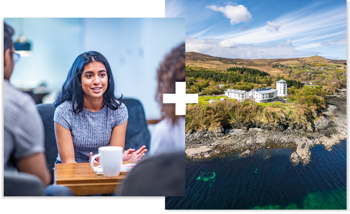 Collage of 2 | Person in a meeting | Campus image of Sabhal Mòr Ostaig Collage of 2 | Person in a meeting | Campus image of Sabhal Mòr Ostaig