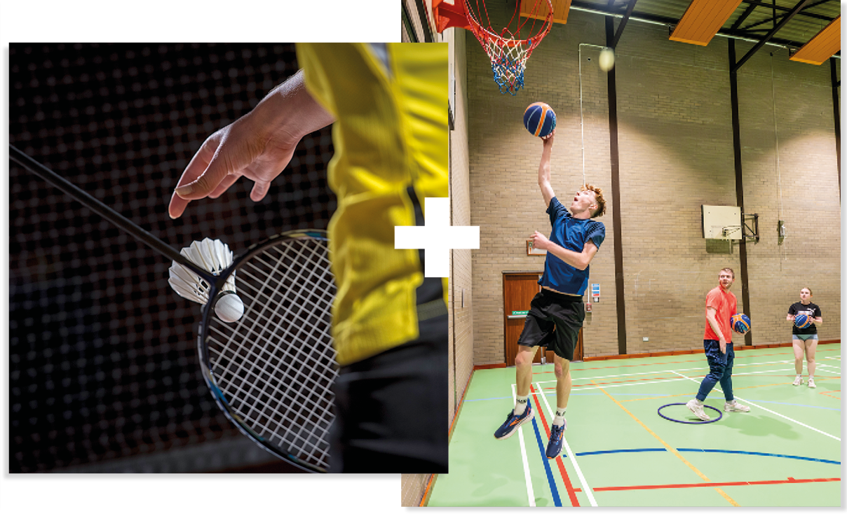 Collage of 2 | Close-up of a badminton serve | Man playing basketball in a sports hall Collage of 2 | Close-up of a badminton serve | Man playing basketball in a sports hall